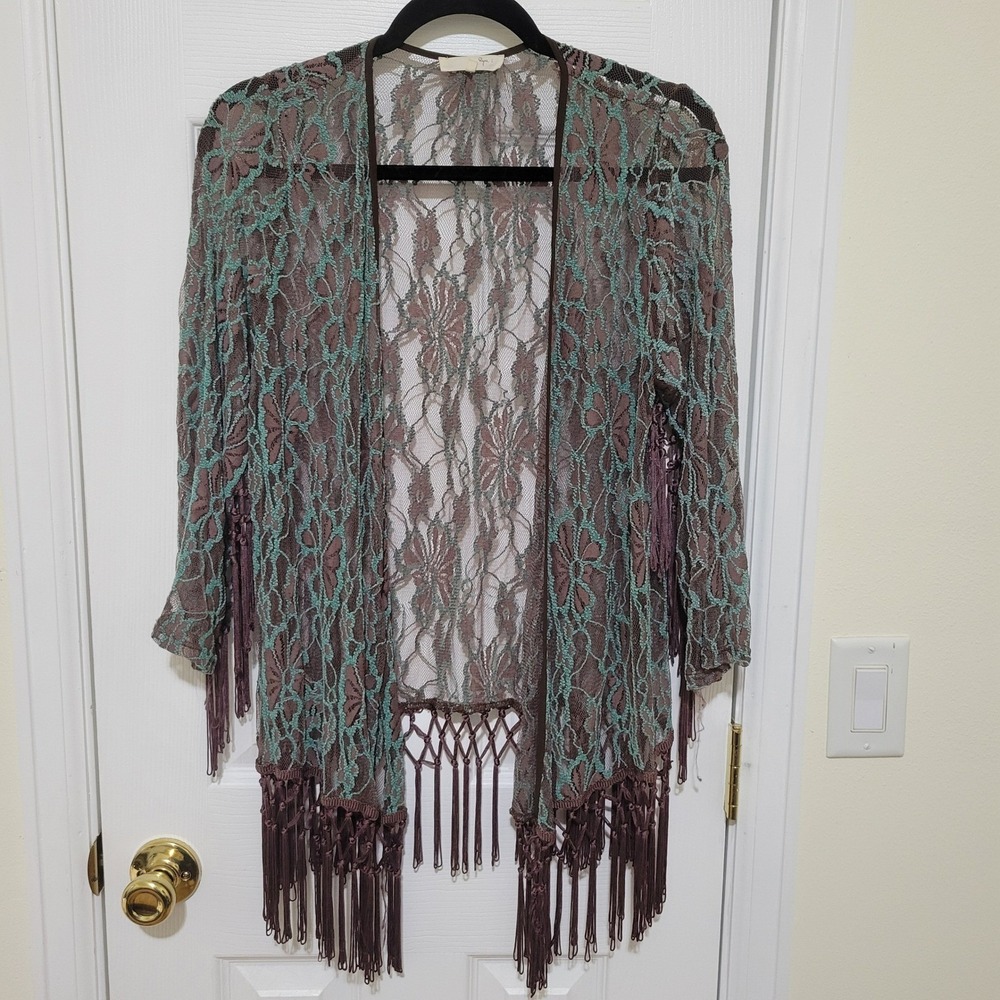Ryu Brown Mint Floral Lace Fringe Kimono Cardigan Small Boho Festival Layering